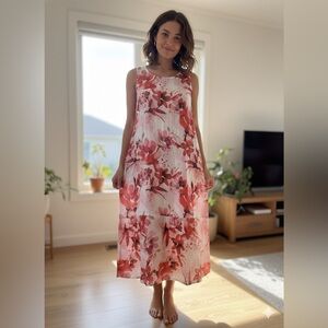 NWT Allegra Masetti Italian Linen Floral Midi Dress Size Large Cream Red Floral